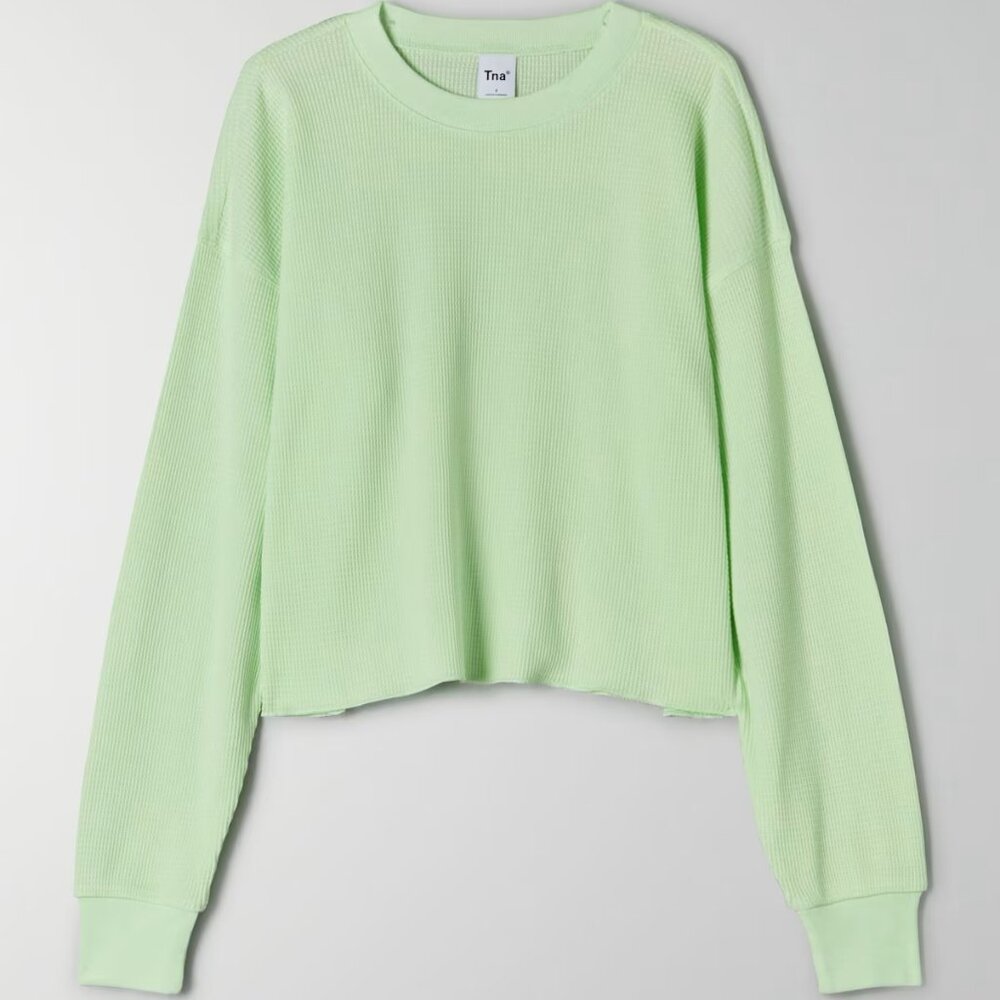 Aritzia TNA Green Waffle Crew Boxy Longsleeve - Size X Small Never Worn